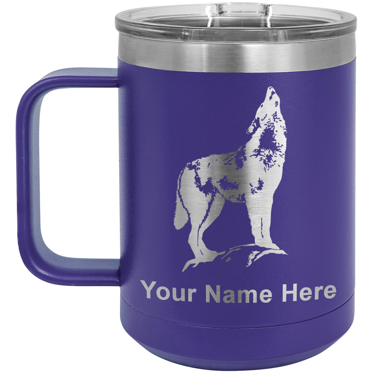 15oz Vacuum Insulated Coffee Mug, Howling Wolf, Personalized Engraving Included
