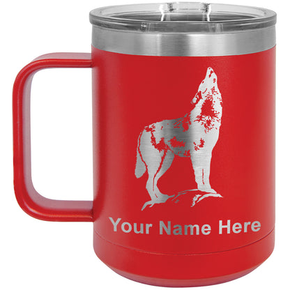 15oz Vacuum Insulated Coffee Mug, Howling Wolf, Personalized Engraving Included