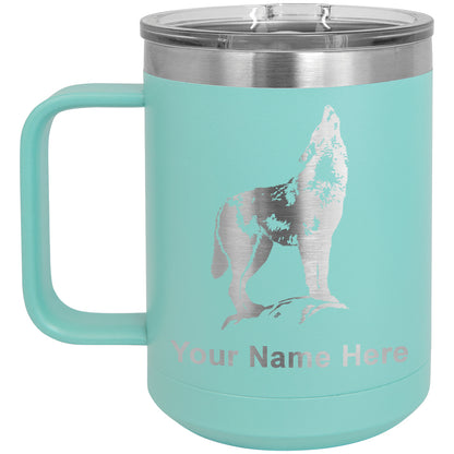 15oz Vacuum Insulated Coffee Mug, Howling Wolf, Personalized Engraving Included
