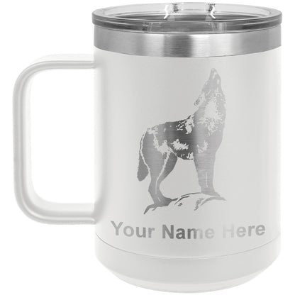 15oz Vacuum Insulated Coffee Mug, Howling Wolf, Personalized Engraving Included