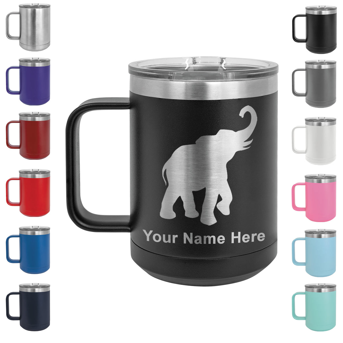 15oz Vacuum Insulated Coffee Mug, Indian Elephant, Personalized Engraving Included