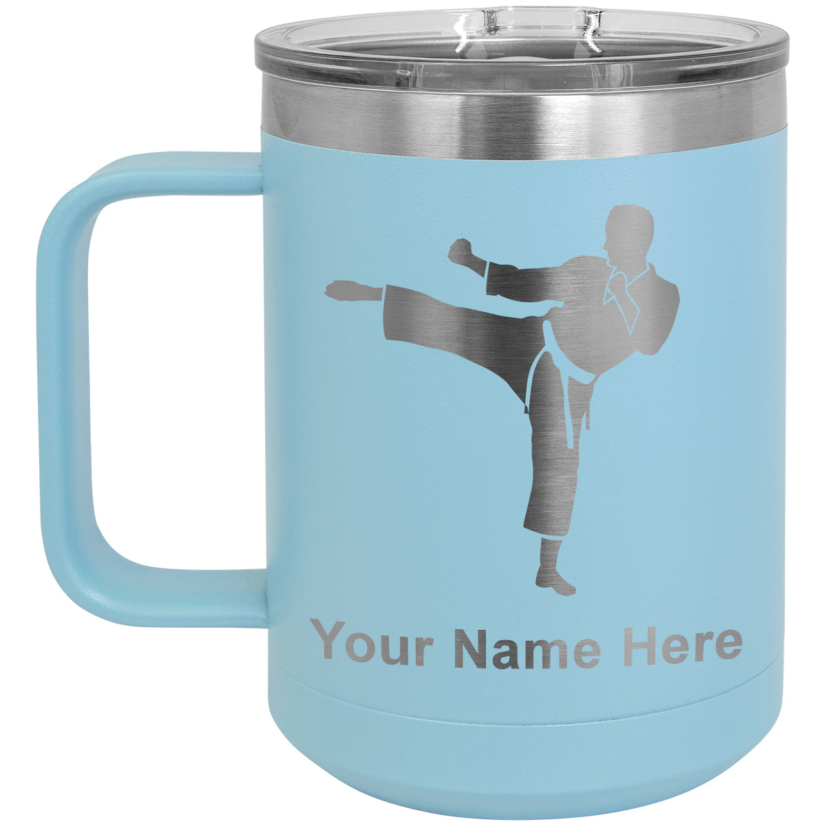 15oz Vacuum Insulated Coffee Mug, Karate Man, Personalized Engraving Included