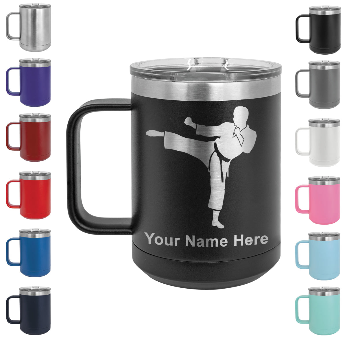 15oz Vacuum Insulated Coffee Mug, Karate Man, Personalized Engraving Included