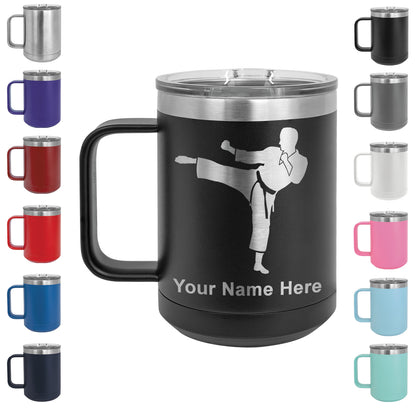 15oz Vacuum Insulated Coffee Mug, Karate Man, Personalized Engraving Included