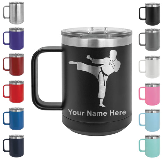 15oz Vacuum Insulated Coffee Mug, Karate Man, Personalized Engraving Included