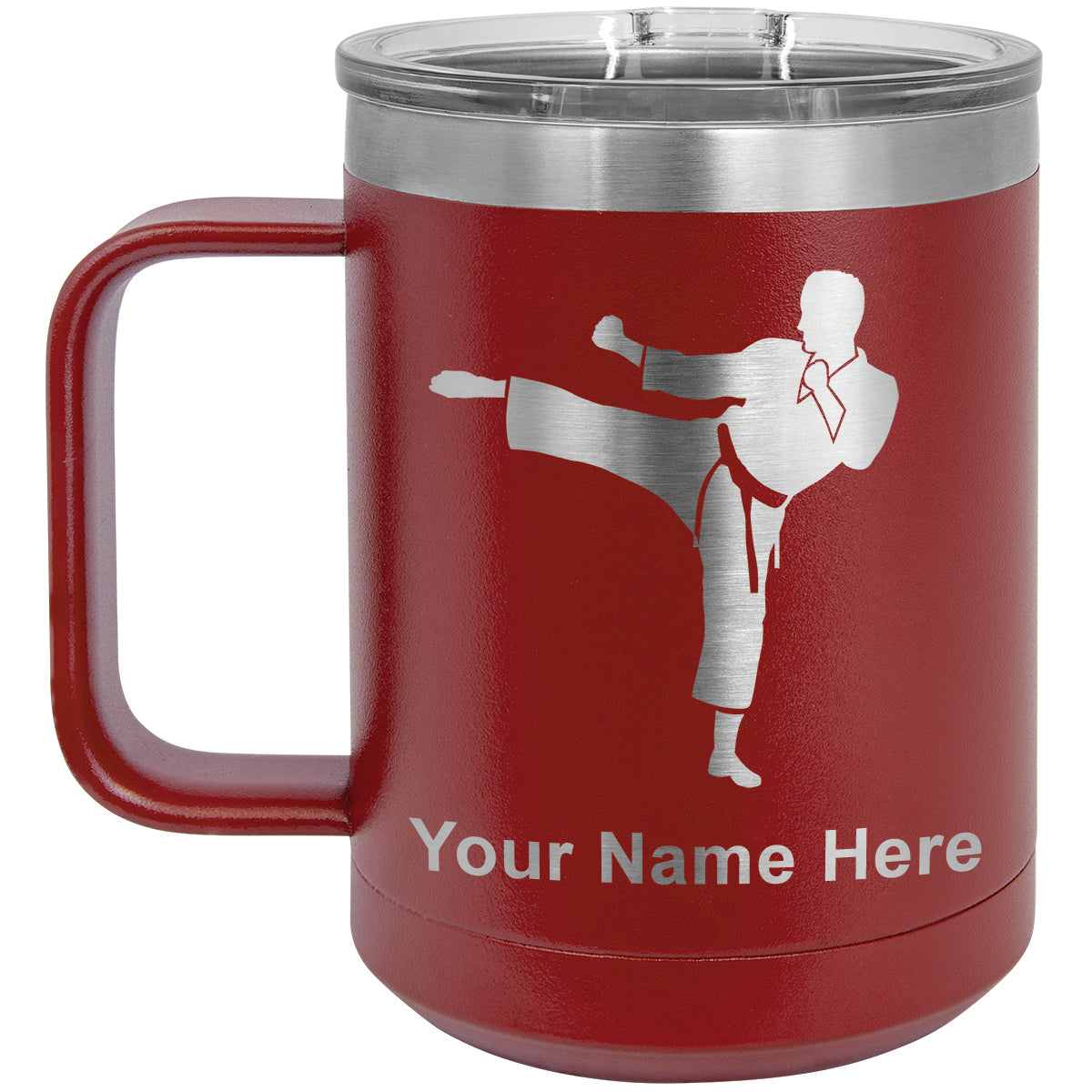 15oz Vacuum Insulated Coffee Mug, Karate Man, Personalized Engraving Included