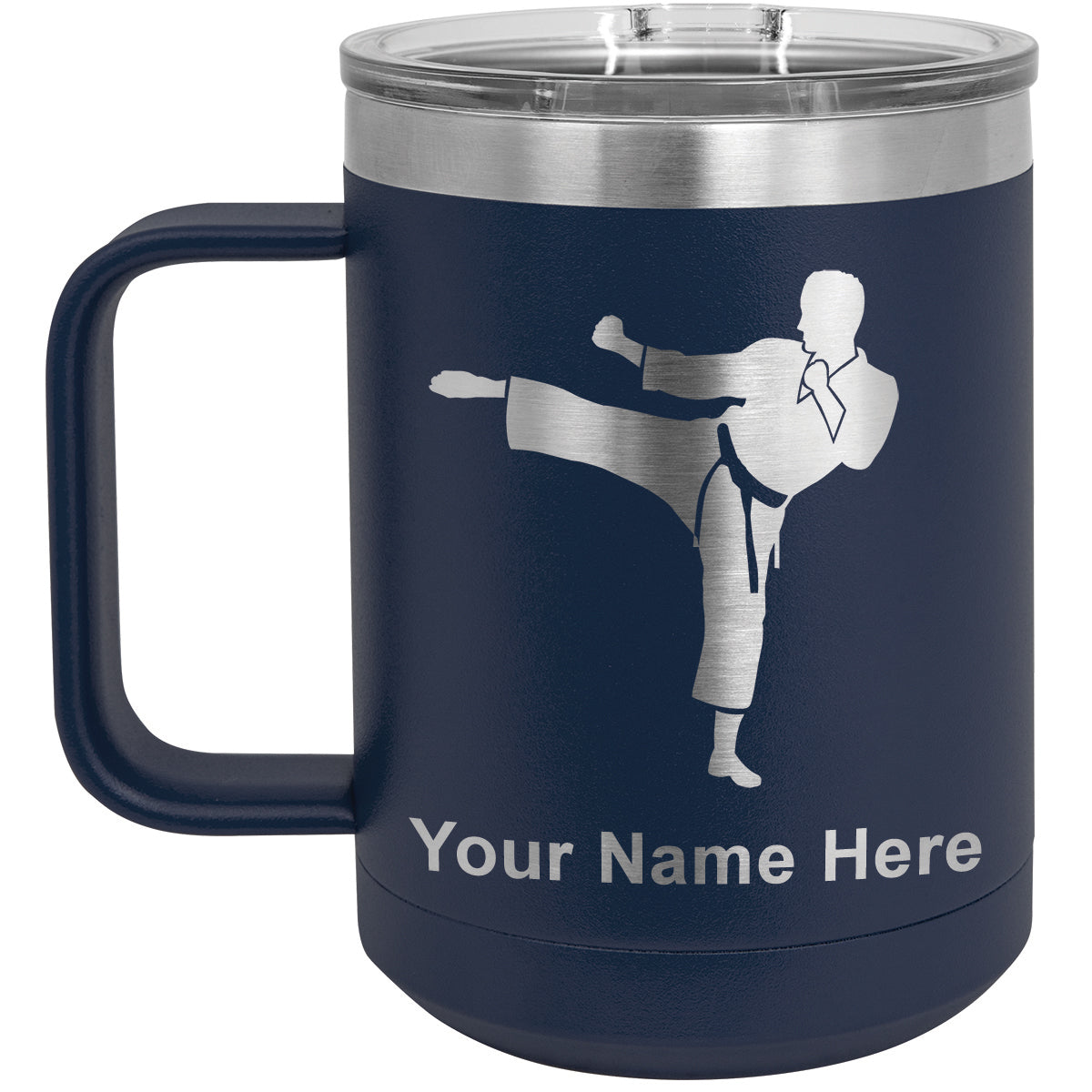 15oz Vacuum Insulated Coffee Mug, Karate Man, Personalized Engraving Included