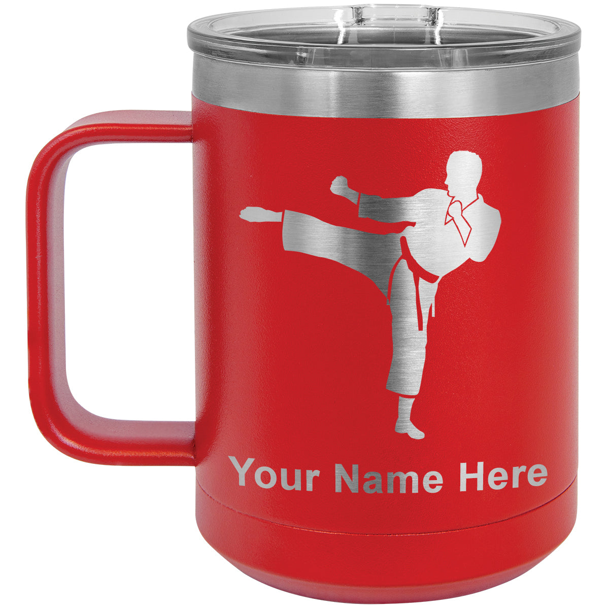 15oz Vacuum Insulated Coffee Mug, Karate Man, Personalized Engraving Included
