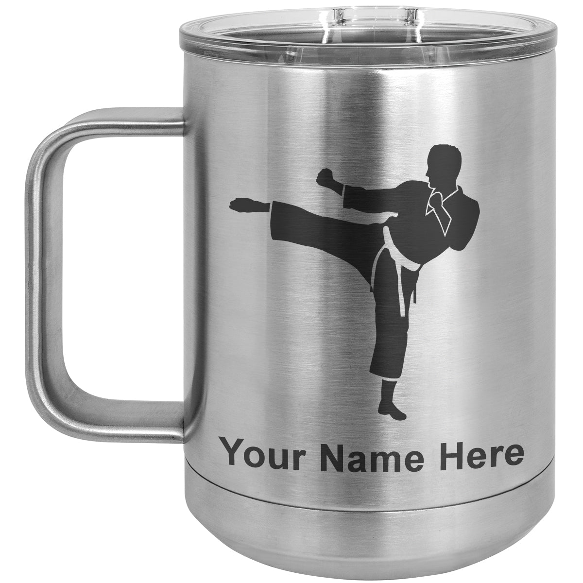 15oz Vacuum Insulated Coffee Mug, Karate Man, Personalized Engraving Included