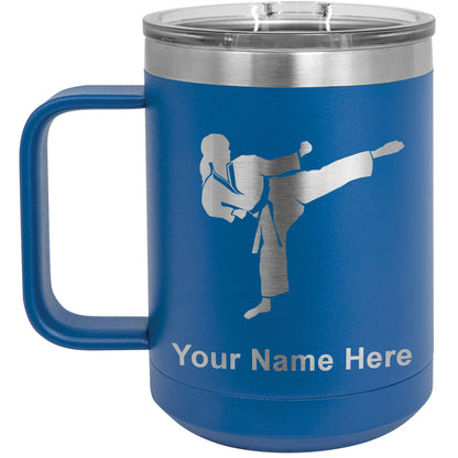 15oz Vacuum Insulated Coffee Mug, Karate Woman, Personalized Engraving Included