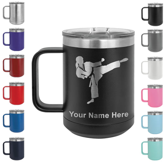 15oz Vacuum Insulated Coffee Mug, Karate Woman, Personalized Engraving Included
