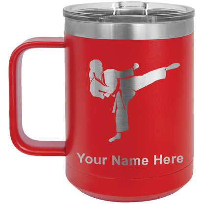 15oz Vacuum Insulated Coffee Mug, Karate Woman, Personalized Engraving Included