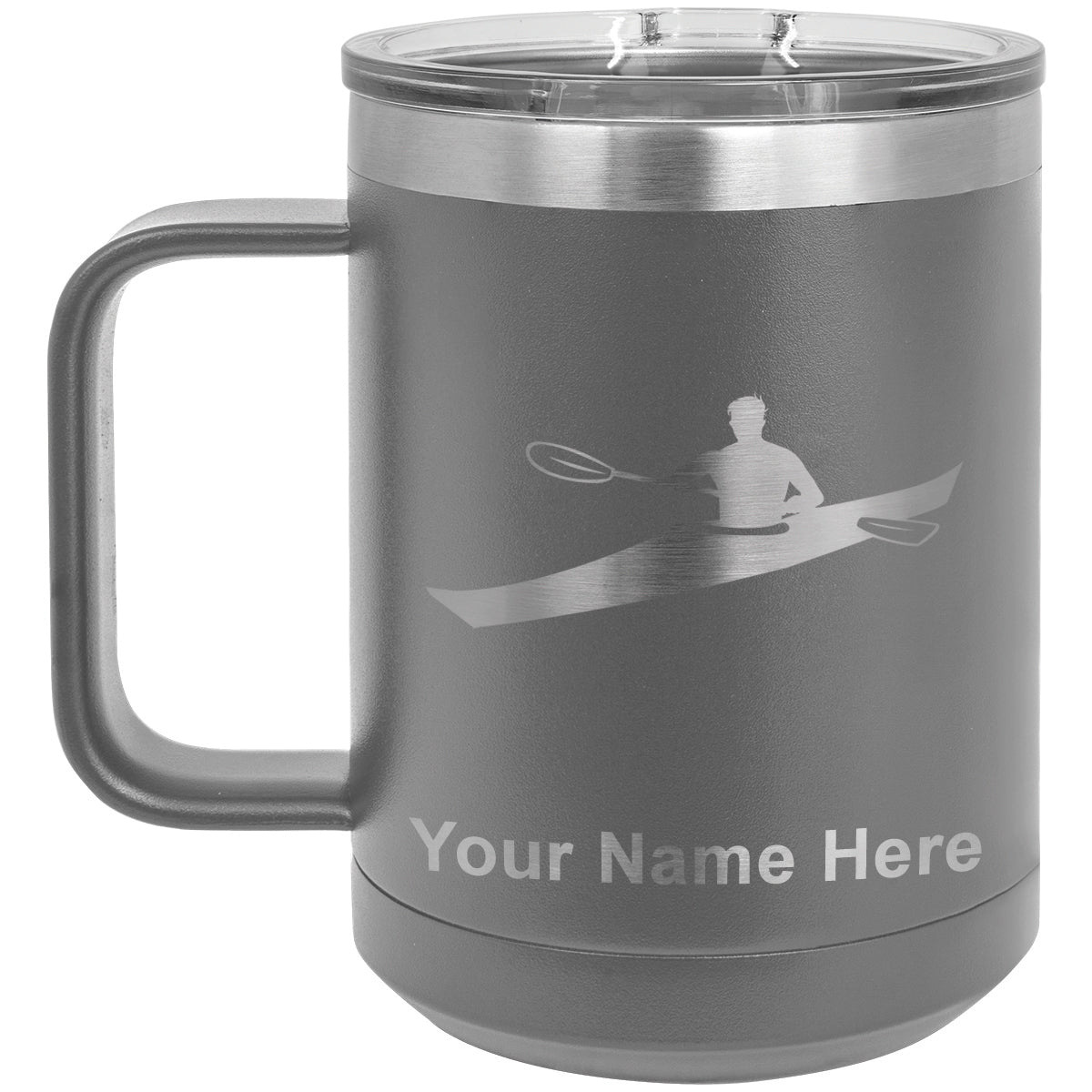 15oz Vacuum Insulated Coffee Mug, Kayak Man, Personalized Engraving Included