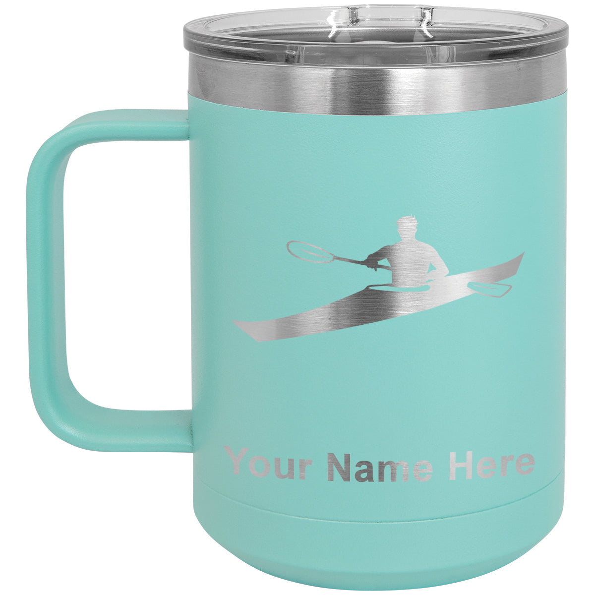 15oz Vacuum Insulated Coffee Mug, Kayak Man, Personalized Engraving Included