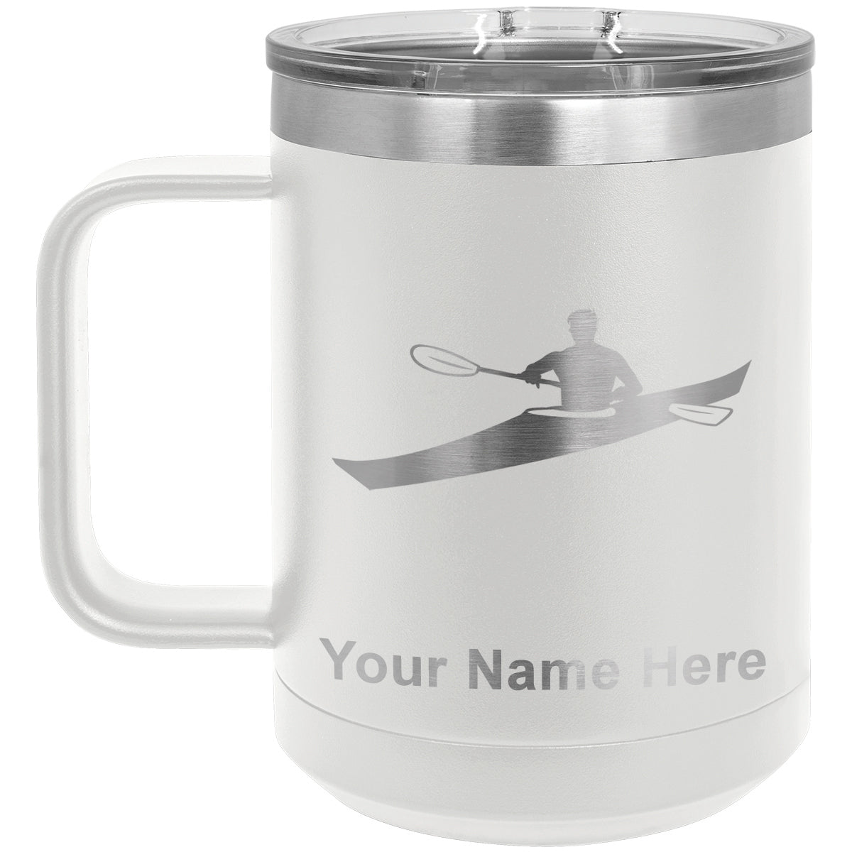 15oz Vacuum Insulated Coffee Mug, Kayak Man, Personalized Engraving Included