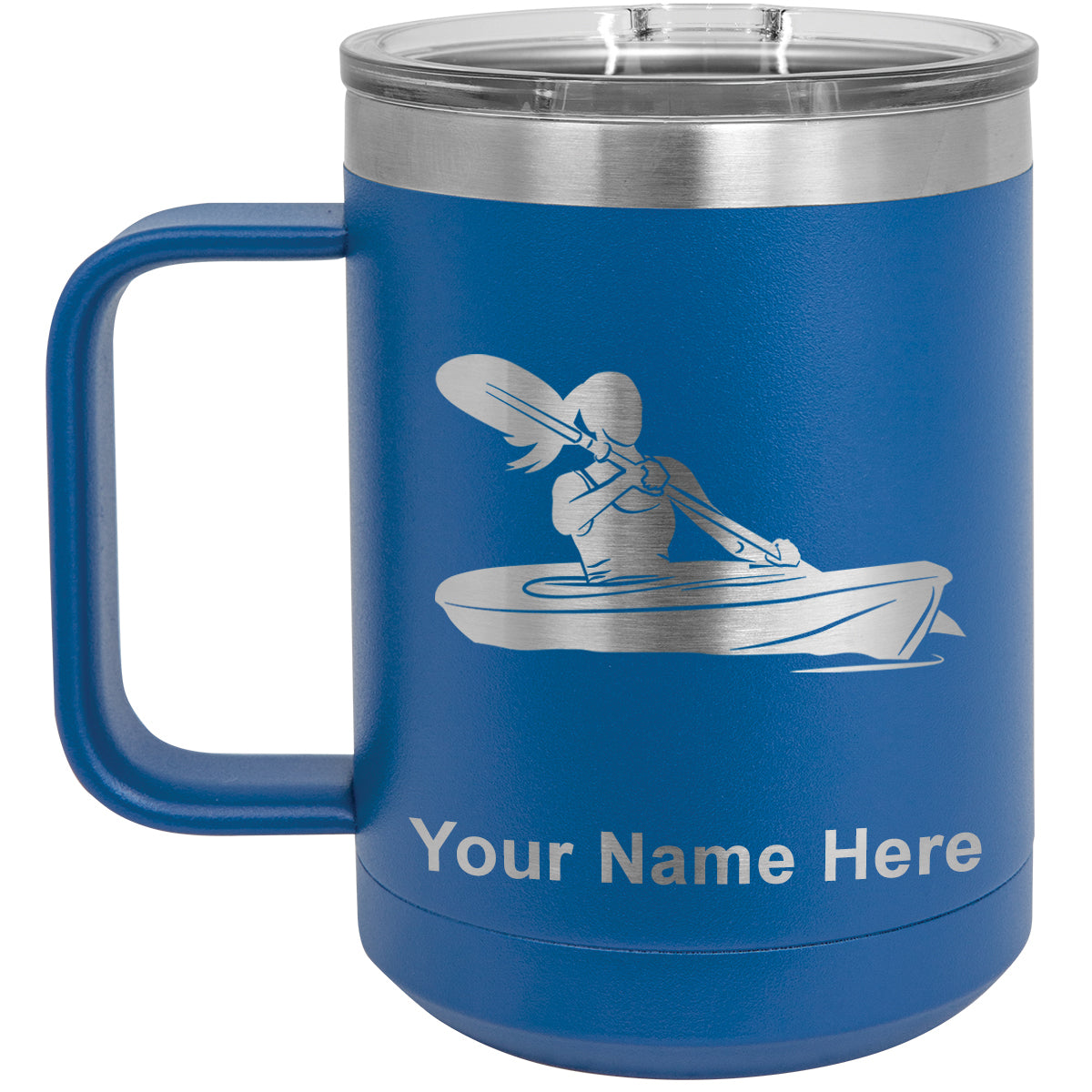 15oz Vacuum Insulated Coffee Mug, Kayak Woman, Personalized Engraving Included