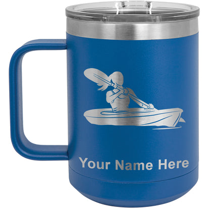 15oz Vacuum Insulated Coffee Mug, Kayak Woman, Personalized Engraving Included