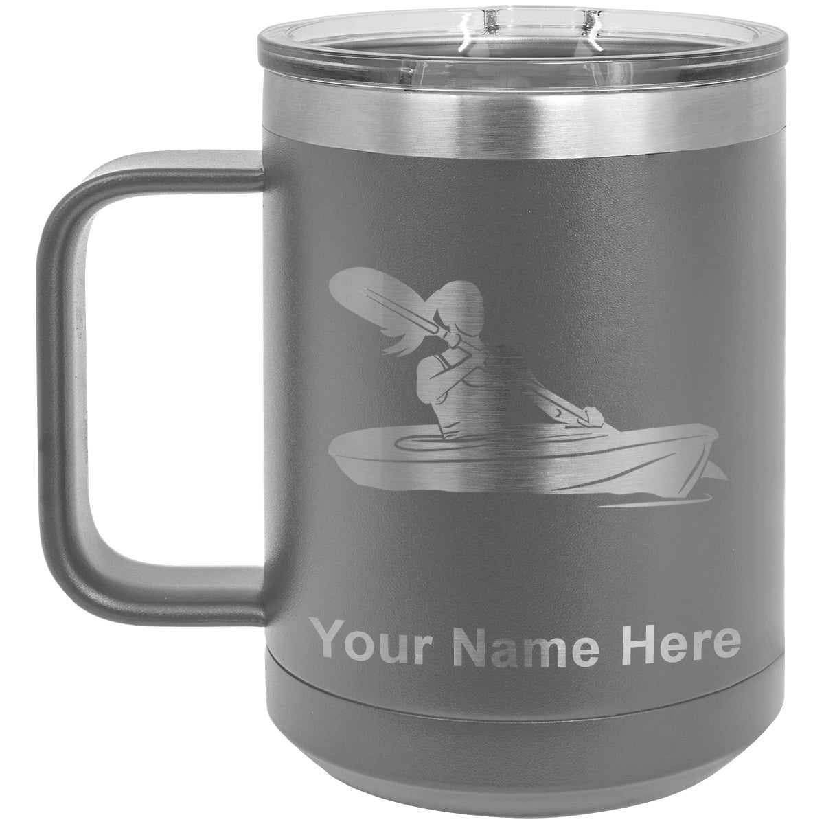 15oz Vacuum Insulated Coffee Mug, Kayak Woman, Personalized Engraving Included