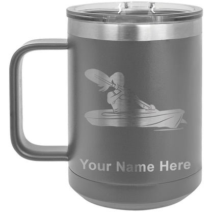 15oz Vacuum Insulated Coffee Mug, Kayak Woman, Personalized Engraving Included