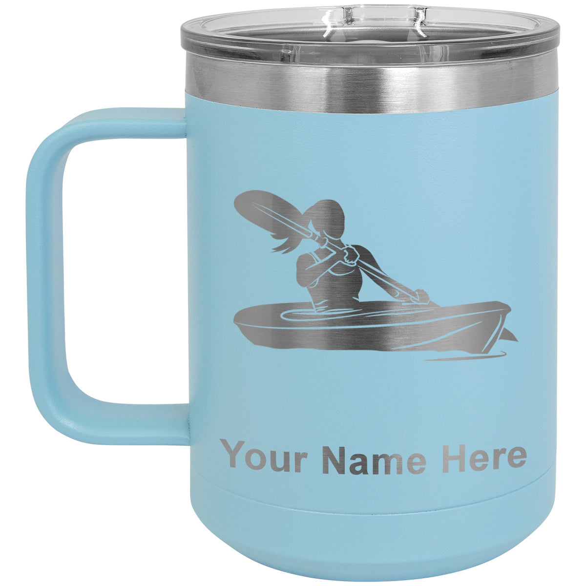 15oz Vacuum Insulated Coffee Mug, Kayak Woman, Personalized Engraving Included