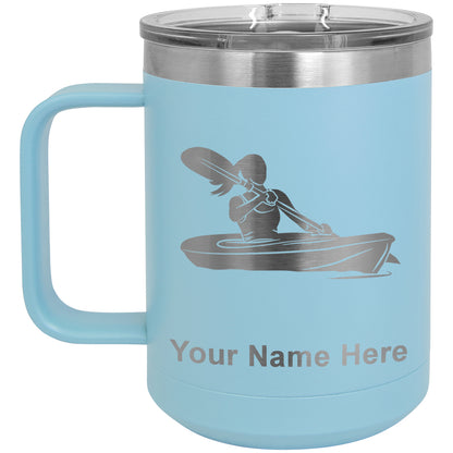 15oz Vacuum Insulated Coffee Mug, Kayak Woman, Personalized Engraving Included