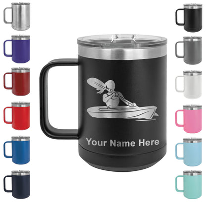 15oz Vacuum Insulated Coffee Mug, Kayak Woman, Personalized Engraving Included