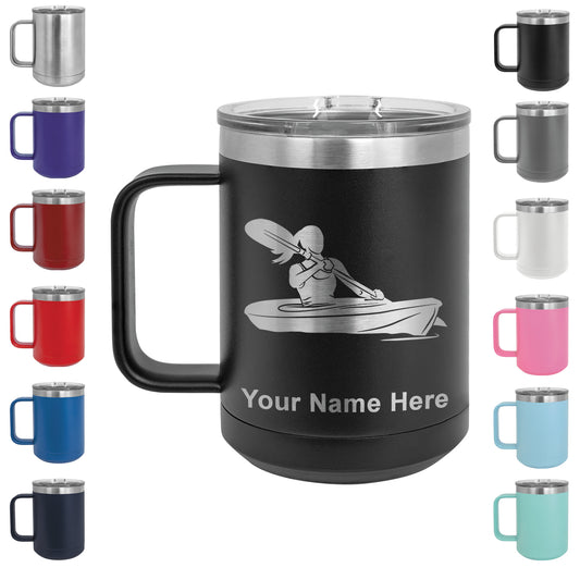 15oz Vacuum Insulated Coffee Mug, Kayak Woman, Personalized Engraving Included