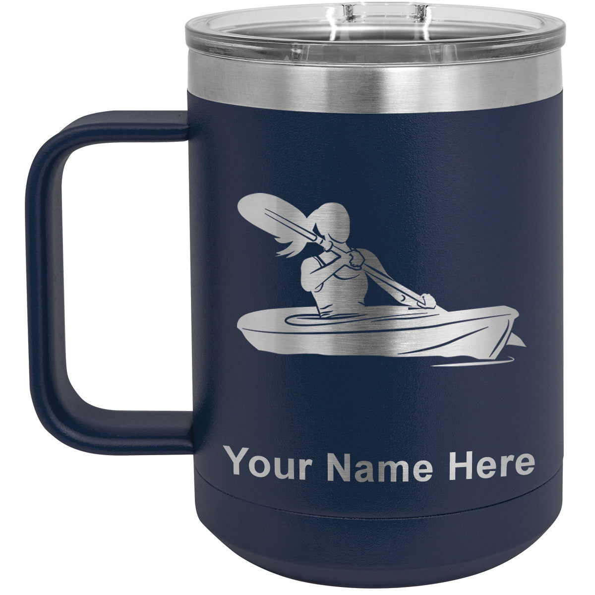 15oz Vacuum Insulated Coffee Mug, Kayak Woman, Personalized Engraving Included