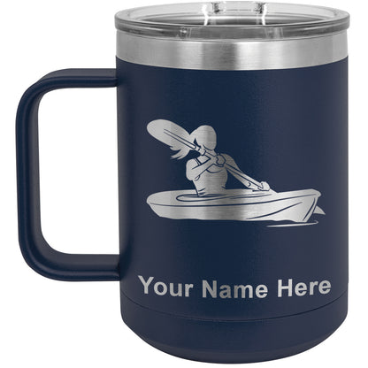 15oz Vacuum Insulated Coffee Mug, Kayak Woman, Personalized Engraving Included