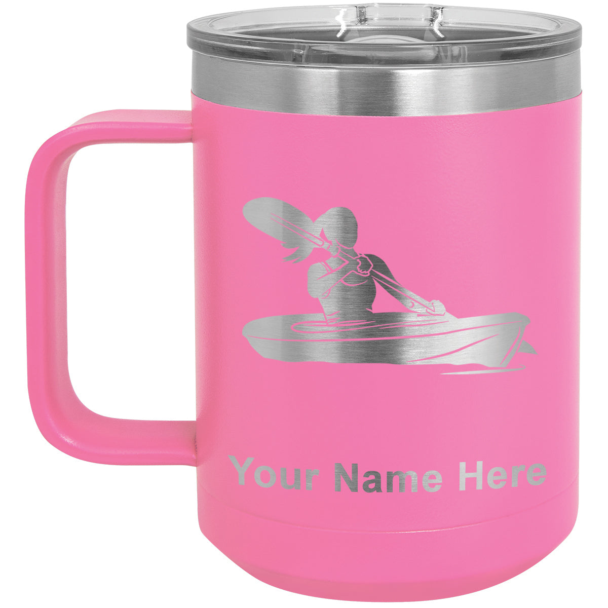 15oz Vacuum Insulated Coffee Mug, Kayak Woman, Personalized Engraving Included