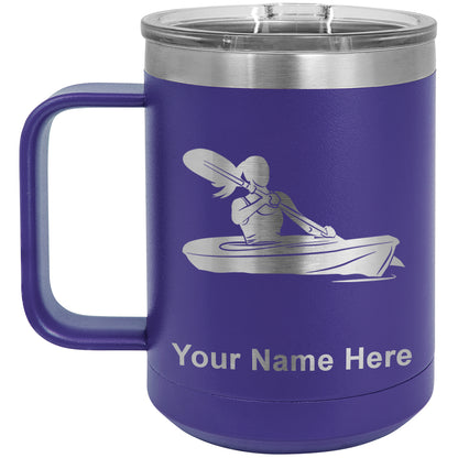 15oz Vacuum Insulated Coffee Mug, Kayak Woman, Personalized Engraving Included