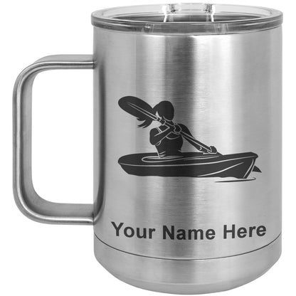 15oz Vacuum Insulated Coffee Mug, Kayak Woman, Personalized Engraving Included