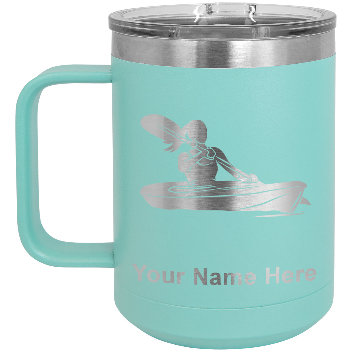 15oz Vacuum Insulated Coffee Mug, Kayak Woman, Personalized Engraving Included