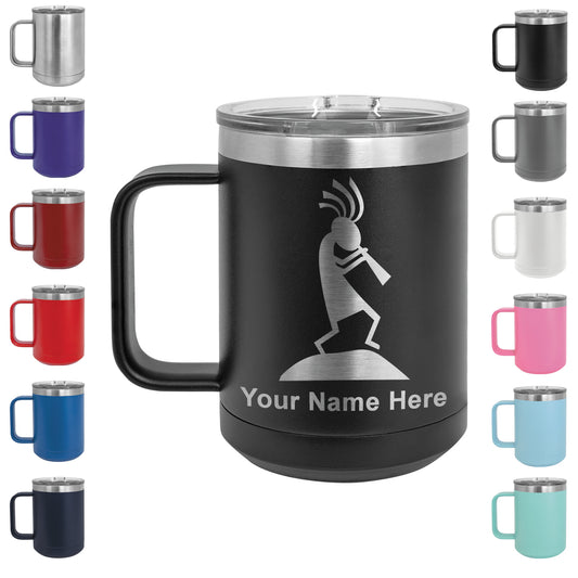 15oz Vacuum Insulated Coffee Mug, Kokopelli, Personalized Engraving Included