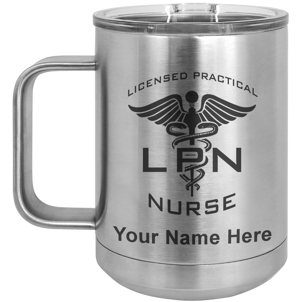 15oz Vacuum Insulated Coffee Mug, LPN Licensed Practical Nurse, Personalized Engraving Included