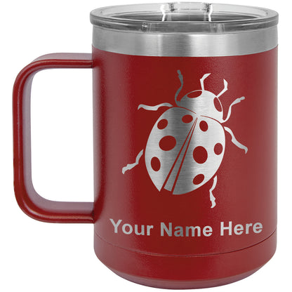 15oz Vacuum Insulated Coffee Mug, Ladybug, Personalized Engraving Included