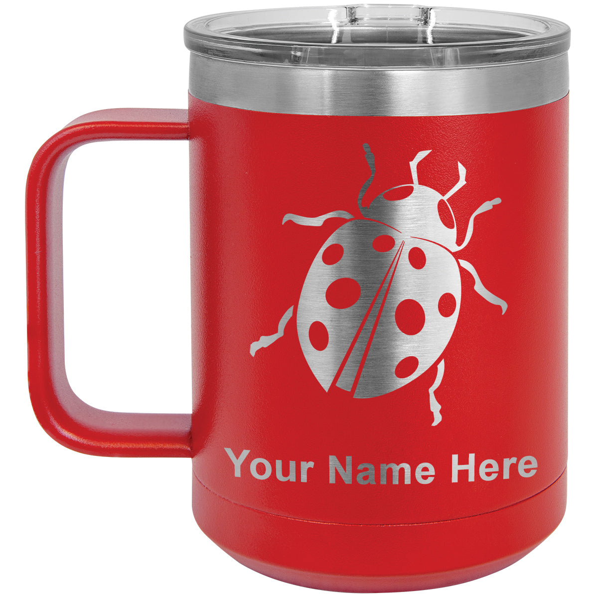 15oz Vacuum Insulated Coffee Mug, Ladybug, Personalized Engraving Included