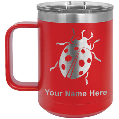 15oz Vacuum Insulated Coffee Mug, Ladybug, Personalized Engraving Included