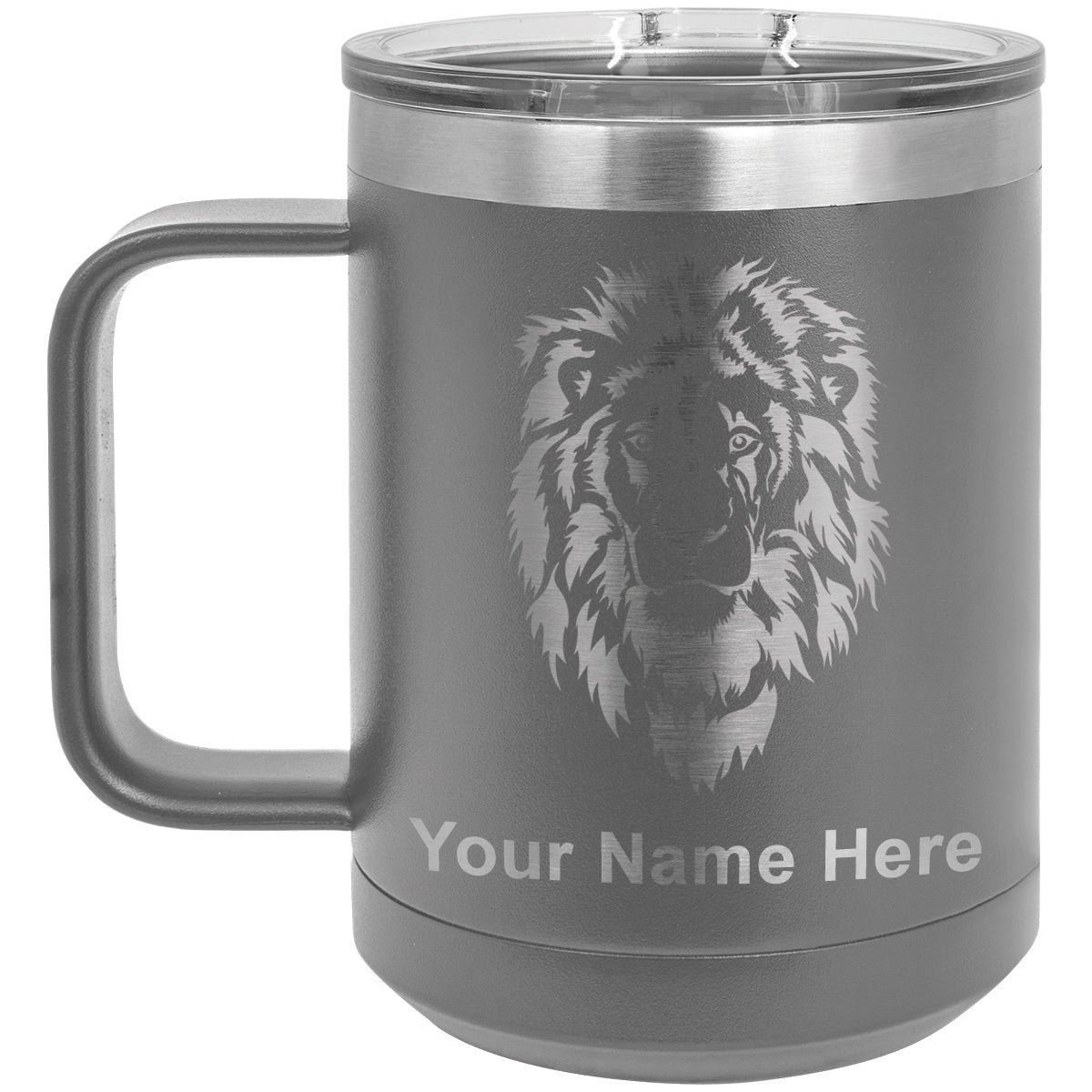 15oz Vacuum Insulated Coffee Mug, Lion Head, Personalized Engraving Included