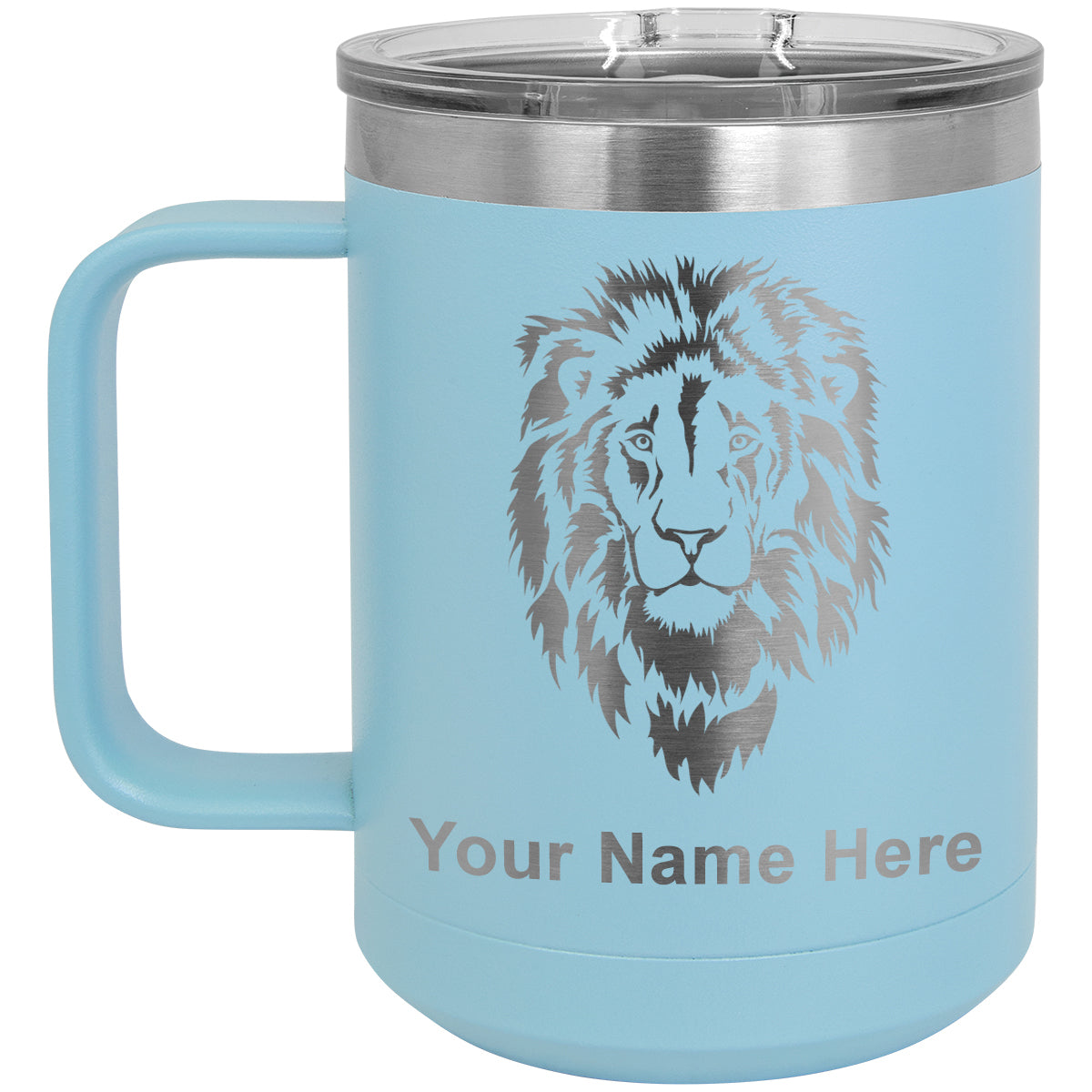 15oz Vacuum Insulated Coffee Mug, Lion Head, Personalized Engraving Included