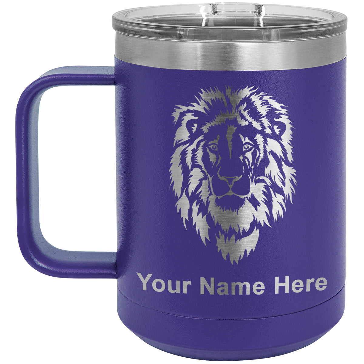 15oz Vacuum Insulated Coffee Mug, Lion Head, Personalized Engraving Included