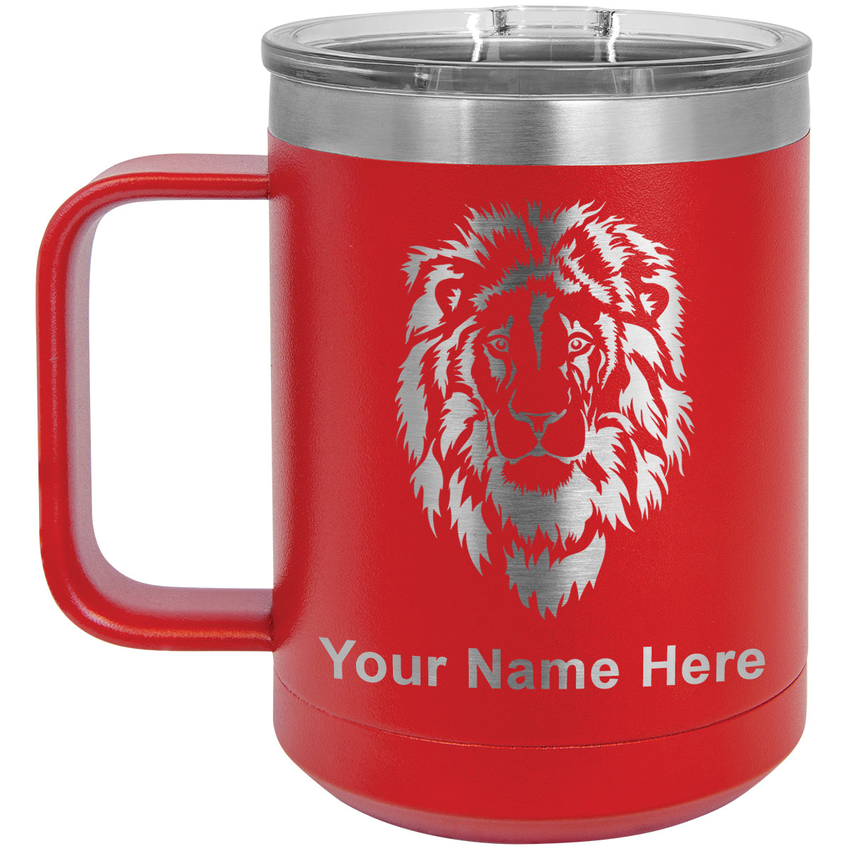 15oz Vacuum Insulated Coffee Mug, Lion Head, Personalized Engraving Included