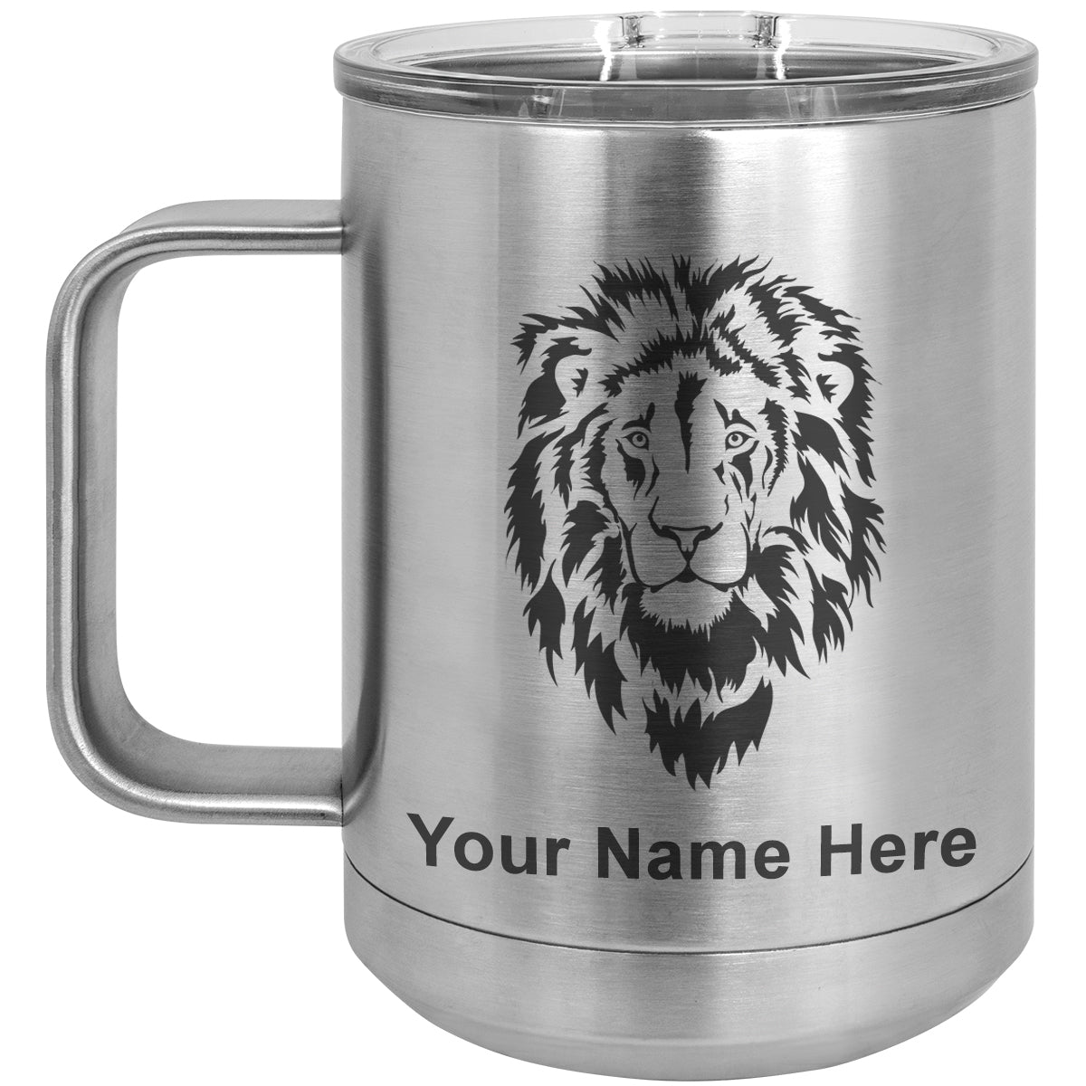 15oz Vacuum Insulated Coffee Mug, Lion Head, Personalized Engraving Included