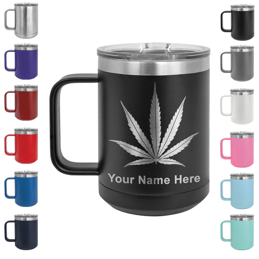 15oz Vacuum Insulated Coffee Mug, Marijuana leaf, Personalized Engraving Included