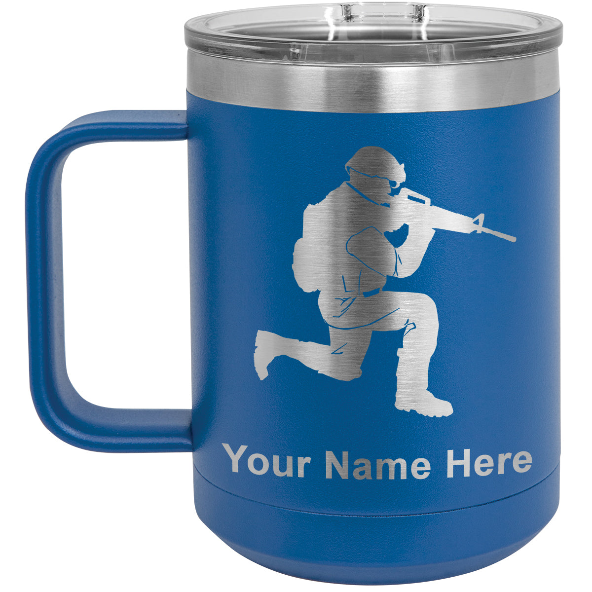 15oz Vacuum Insulated Coffee Mug, Military Soldier, Personalized Engraving Included
