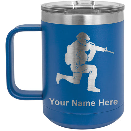 15oz Vacuum Insulated Coffee Mug, Military Soldier, Personalized Engraving Included
