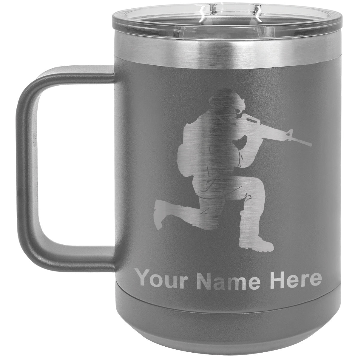 15oz Vacuum Insulated Coffee Mug, Military Soldier, Personalized Engraving Included