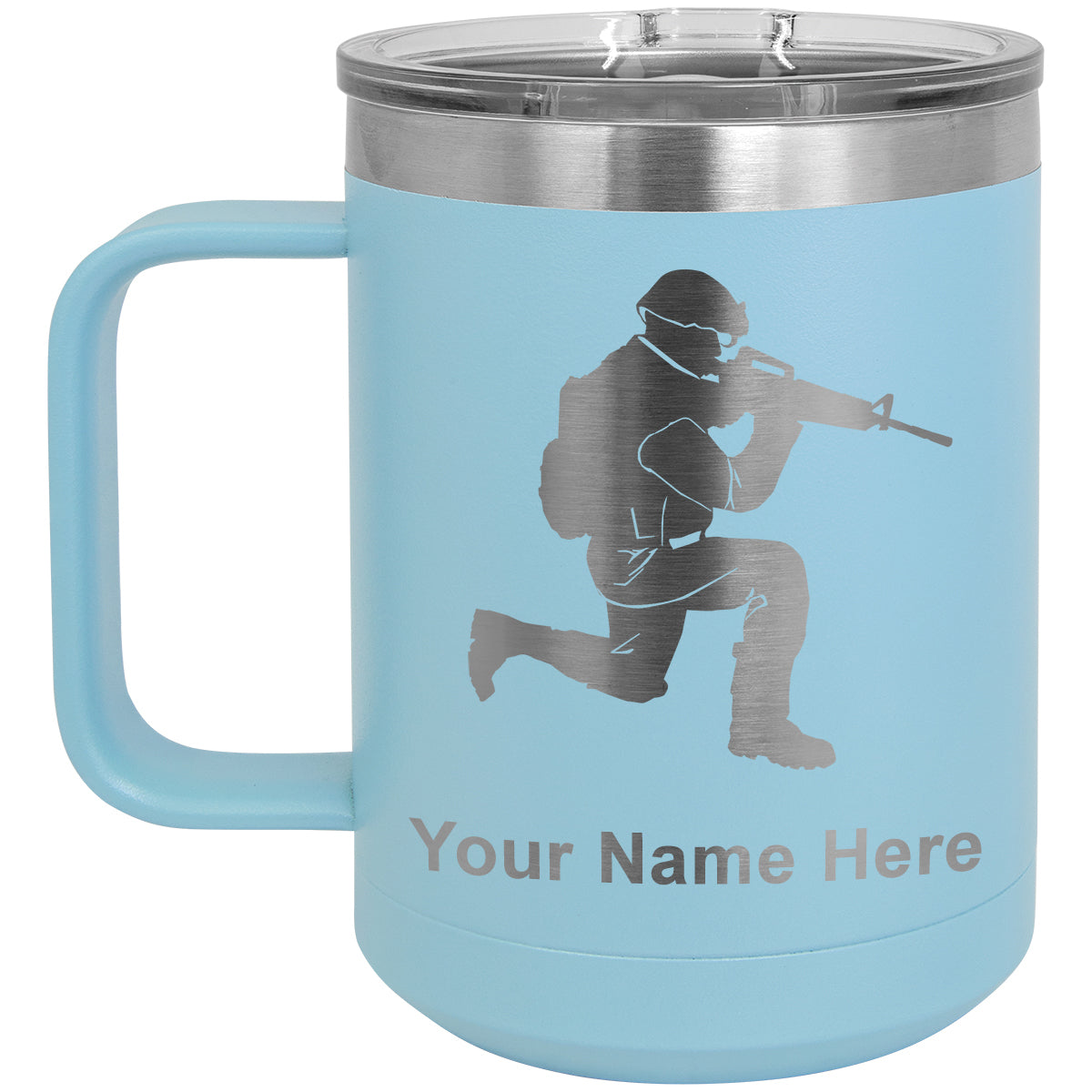 15oz Vacuum Insulated Coffee Mug, Military Soldier, Personalized Engraving Included