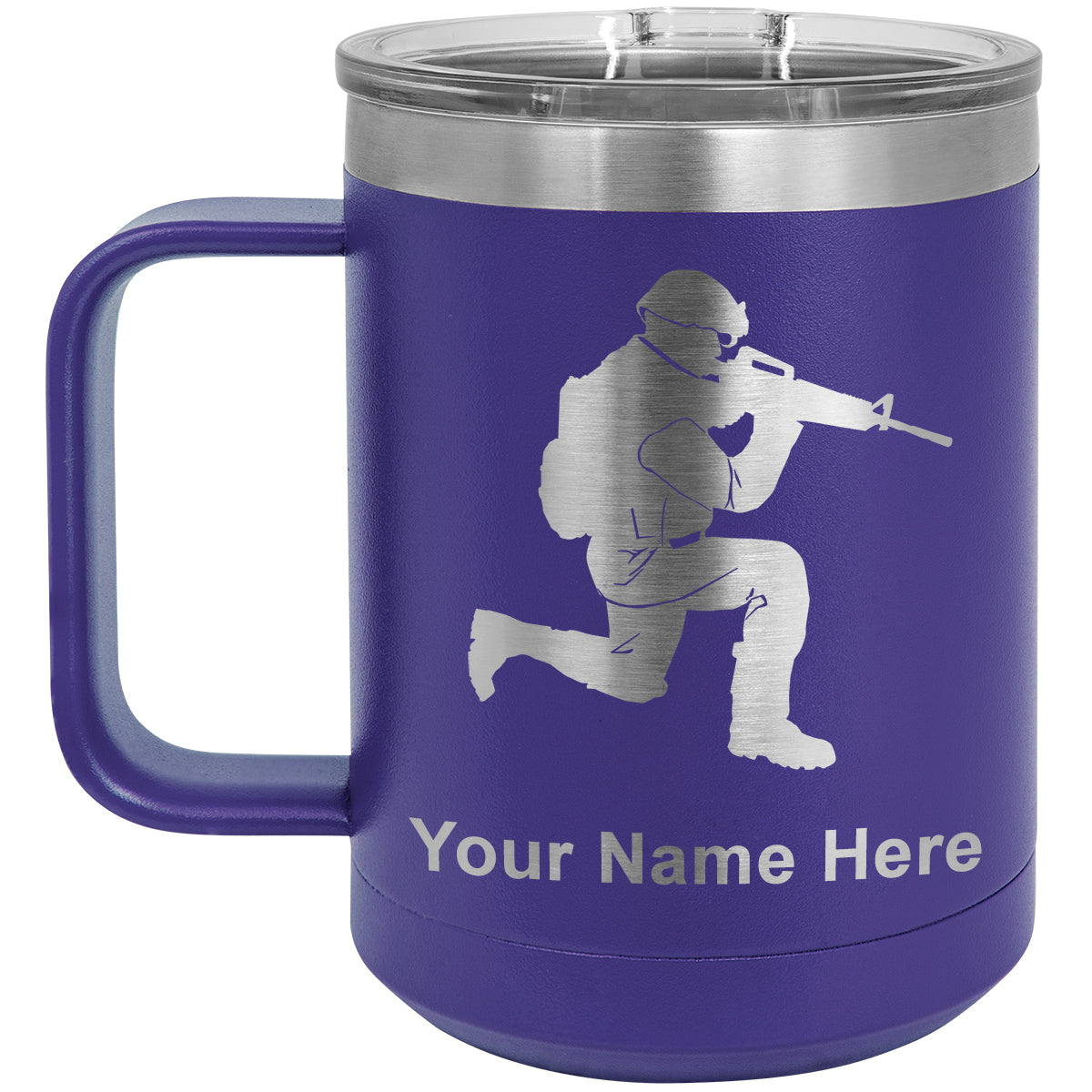15oz Vacuum Insulated Coffee Mug, Military Soldier, Personalized Engraving Included