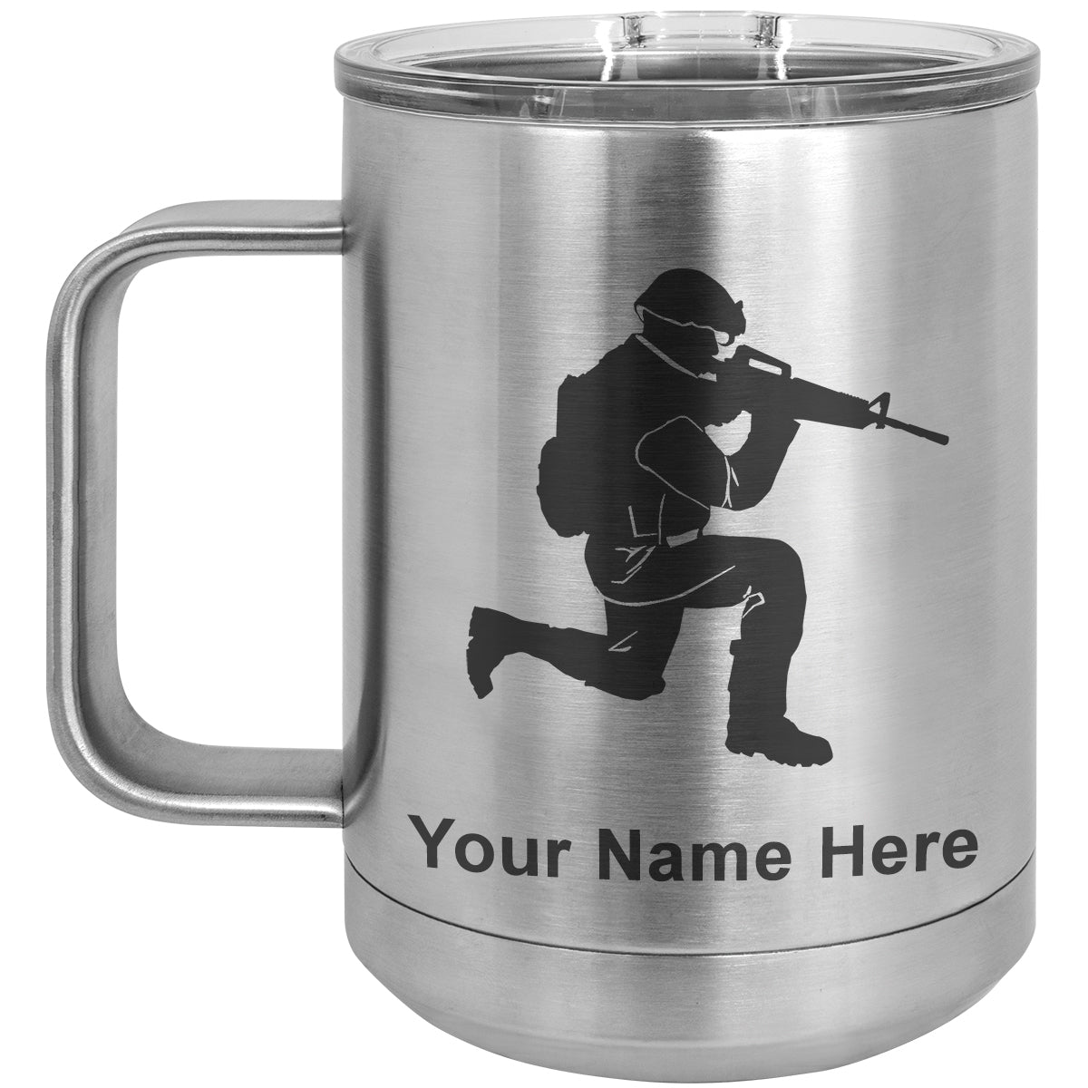 15oz Vacuum Insulated Coffee Mug, Military Soldier, Personalized Engraving Included